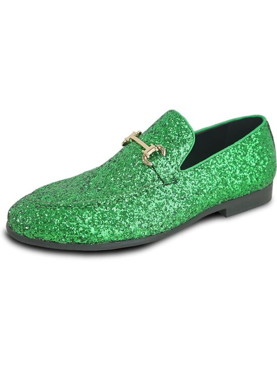 Men\'s Green Glitter Loafers Metal Buckle Cap Toe Metallic Slip On Party Shoes main image 7